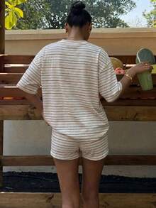 Muchica Women's Summer Letter Lemon Print Round Neck Short Sleeve T-Shirt And Striped Shorts Casual 2-Piece Set - Multicolor - View 2