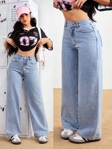 SHEIN PETITE Women Pockets Loose Wide Leg Relaxed Fit Casual Jeans, Versatile ,Petite Women - Blue - View 7