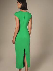 KSTM Twist Front Jersey Midi Dress With Cap Sleeve Ruched Waist Detail Sleek Bodycon Silhouette Elegant Evening - Green - View 2