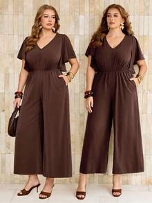Roveilla Plus Size Women's Solid Color V-Neck Button-Up Waist-Cinching Elastic Adjustable Loose Wide Leg Long Pants Umbrella Sleeve Short Sleeve Brown Jumpsuit - Brown - View 9