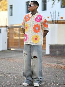 Devon Thys Men's Sexy Floral Crochet Semi-Sheer Short Sleeve Knit Top, Summer Holiday Style - Multicolor - View 3