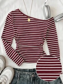 SHEIN 青少年女孩春/秋休閒條紋不對稱領口T恤 - 酒紅色 - 查看 7