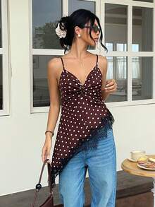 Serisse Women's Brown And White Polka Dot Contrast Lace Asymmetric Hem Cami Tank Top Night Out Sexy Summer Formal Business Chic Back To School - Brown - View 6