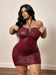 NU&NOW Damen-Kleid in Große Größen, Burgunderrot, Krokodil-Prägung, Kunstleder, Neckholder, figurbetont, Bodycon, mit Metallketten-Dekor, für Club, Nachtausgang, Party, Herbst, sexy - Bordeaux - Übersicht 1