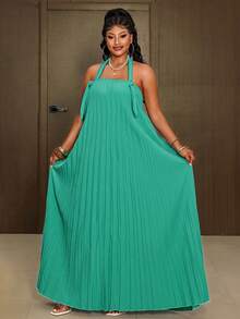 Maweii Damen Große Größen grünes ärmelloses plissiertes Maxikleid - Grün - Übersicht 5