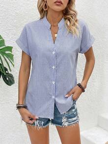 Balvessa Women's Blue & White Striped Batwing Sleeve Short Sleeve Cotton-Feel Blouse, Short Sleeve Top, Suitable For Daily Wear, Casual Vacation Top, Office, Fashion Commute, Business Office Wear, Versatile Fashionable Daily Casual Wear, Urban Teacher Professional - Multicolor - View 3
