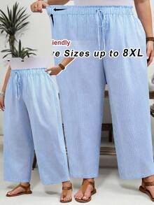 SHEIN CURVE+ Curve Size US22音樂節、海邊度假、波希米亞休閒純色寬鬆長褲，夏季/鄉村/海灘度假穿搭/海灘穿搭/海灘服飾 - 藍白色 - 查看 7