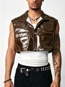 ROMWE MEN Street Life Men's Street Fashion Pocket Button Cropped Vest Jacket - Brown - View 6