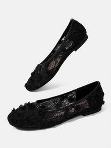 CUCCOO HITCHD Three-Dimensional Rose Lace Round Toe Flats, Gentle Style Mesh Yarn Low Vamp Shoes, Commuting Dating Bridesmaids Breathable Women's Shoes - Black - View 6