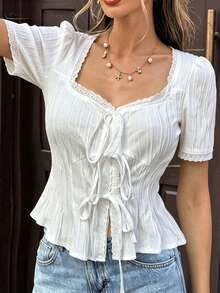 Modelyn 溫柔甜美刺繡拼接繫帶短袖夏季修身顯瘦青春時尚女款上衣 - 白色 - 查看 3