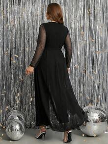 Reflora Plus Size Women V-Neck Lace Patchwork Rhinestone Decor Casual Daily Wear Jumpsuit - Black - View 2