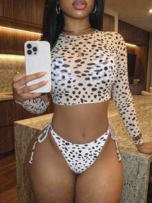 Slaydiva Women's Leopard Print Chiffon Bikini Cover Up 3 Pieces Set,White Summer Casual Holiday Pool Party Vacation Long Sleeve Beach Wear Boho Outfits - White - View 2