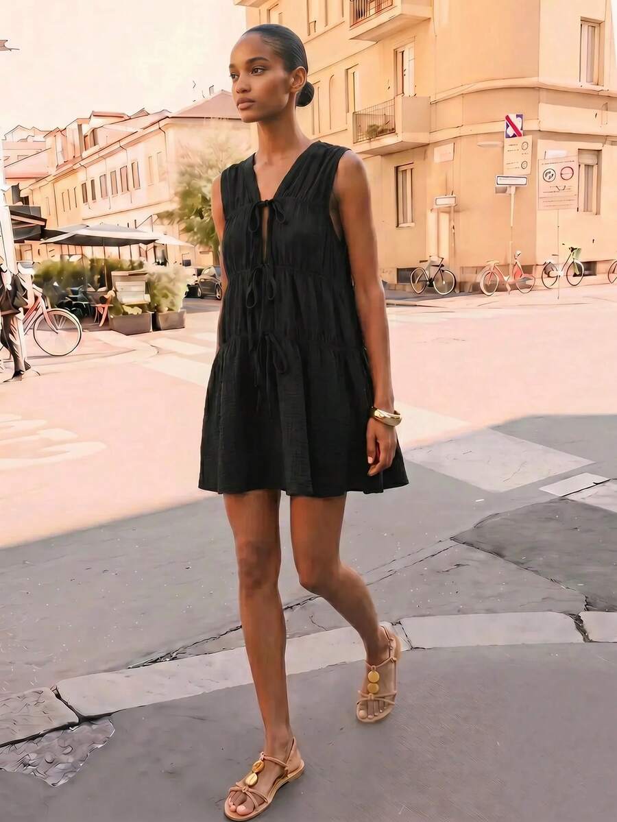 Maija Vestido casual de mujer de unicolor con pliegues para citas y salidas - Negro - Ver 1