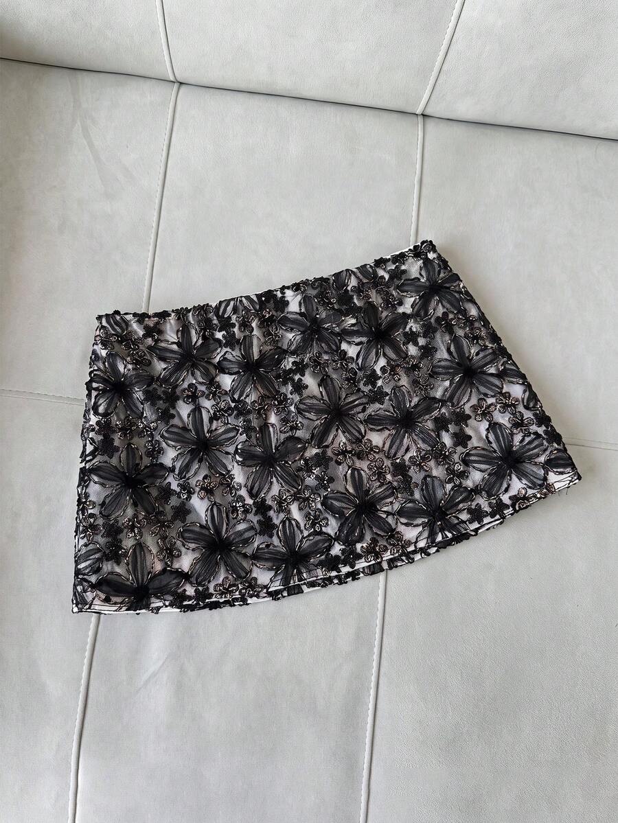 Franclia 女款粉色提花亮片網紗花卉半身裙 - 黑色 - 查看 1