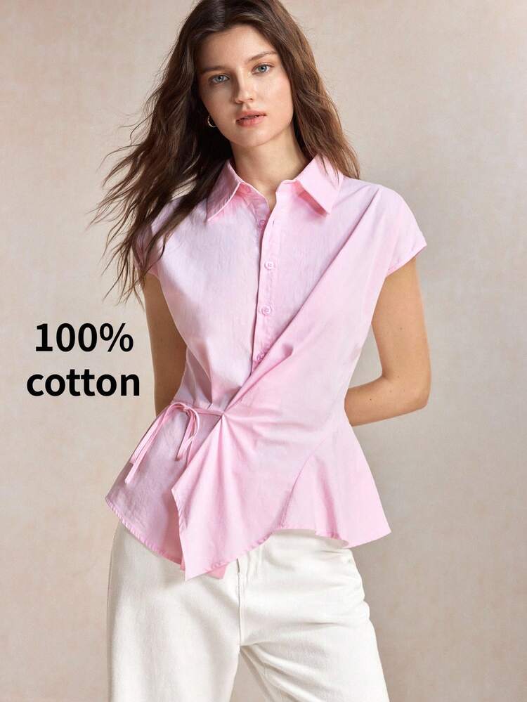 BizChic Pink Waist-Cinching Ruched Shirt, Business Formal, Vacation Style, Slouchy, Commute, Date, Daily, Vacation, Office, Slimming, Elegant, Versatile, Summer, Autumn, Halloween, Back To School, Party, Birthday, Wedding Guest, Church, Special Occasion, Outing, Beach, Gathering, Social, Holiday, Shopping, Afternoon Tea, Travel, Minimalist - Pink - View 1