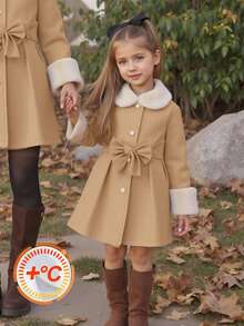 Emery Rose Kids Emery Rose Kids 少女秋冬百搭時尚拼接毛絨領中長版大衣，保暖內裡羊毛外套，秋冬外套 - 駝色 - 查看 1