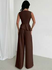 Firerie Spring/Summer Elegant Minimalist Daily Fashion Modern Commuter Fitted Women's Set, Dark Brown Solid Color Textured Fabric Sleeveless Tank Top Set - Brown - View 8