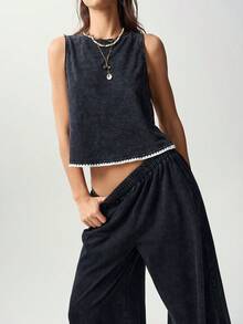 Bohemela Casual Fringe Solid Color Knit Tank Top Long Pants 2 Pieces Set For Women Everyday Lounge White Summer - Black - View 5