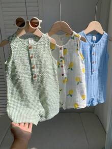 SHEIN 3件組新生兒嬰兒男嬰女嬰通用夏季可愛休閒條紋無袖連身衣檸檬印花連身衣 3件套夏季嬰兒連身衣 - 彩色 - 查看 3