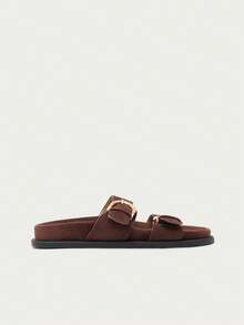 Nöista Modern Double Strap Sandals, Soft Brown Suede Effect, With Oversized Gold Buckle And Cushioned Insole - Coffee Brown - View 5