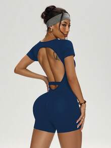 Slayform Slayform Women's Seamless Backless Solid Color Romper For Sports - Navy Blue - View 6