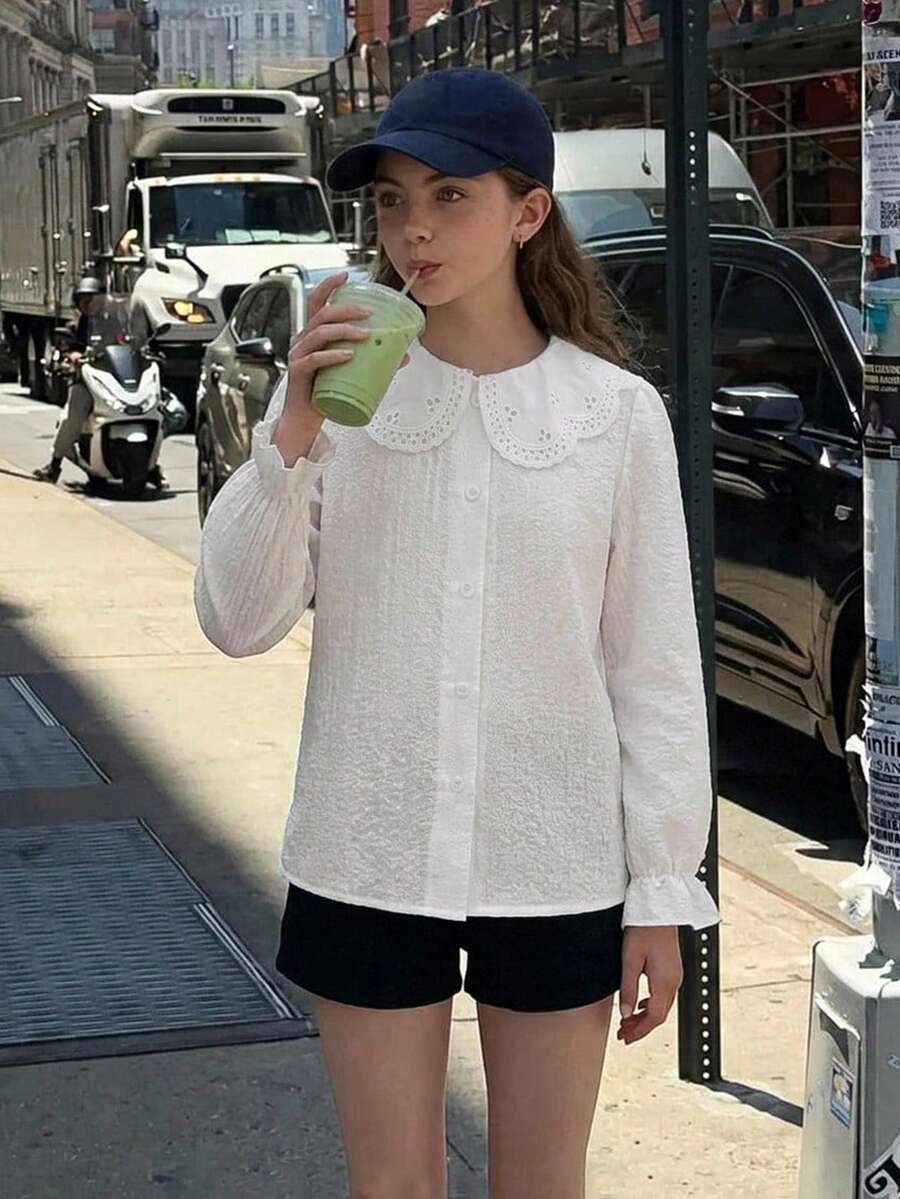 Hapijoa Tween Girl Fall Clothes Tween Girls Collared Short Sleeve Shirt Summer - White - View 1