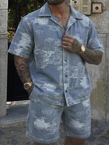 DAZY Men's Plus Size Short Sleeve Single-Breasted Shirt And Shorts Casual Denim Set Summer - Blue - View 6