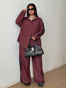 Maweii 女款2件套秋冬條紋通勤簡約寬鬆休閒印花大尺碼襯衫與長褲 - 中紫紅色 - 查看 2