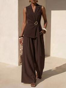 Zivah Elegant & Sophisticated Women's Autumn/Winter 2 Pieces Suit Set, Suitable For Office Wear: Metal Decor Sleeveless Blazer + Wide Leg Pants, Dark Brown - Brown - View 11