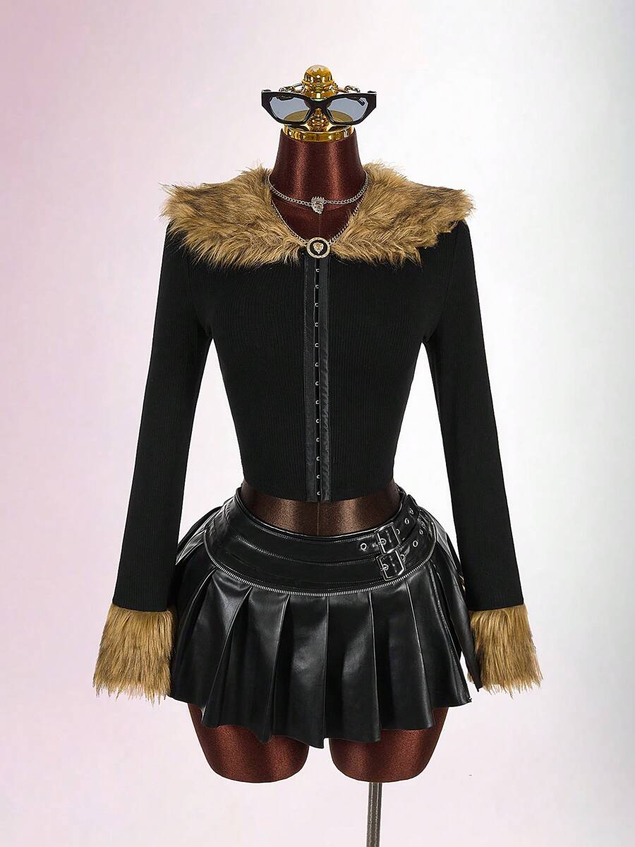 Jaket Pendek Wanita Amplova Gaya Y2K Warna Hitam dengan Kerah Bulu Imitasi dan Patchwork. - Hitam - View 1
