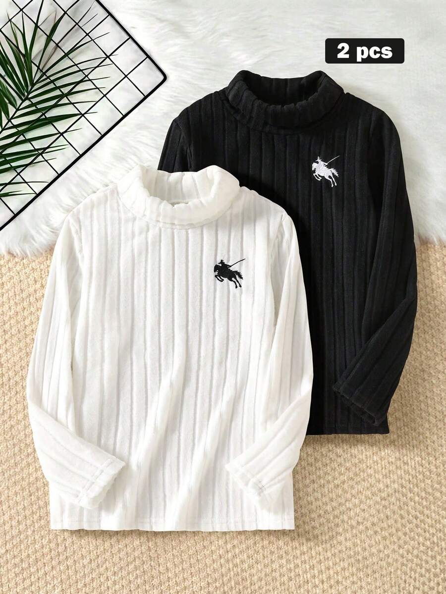 SHEIN 2件裝字母拼接細節高領羅紋T恤 - 彩色 - 查看 1