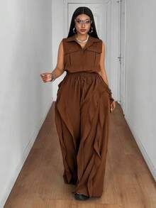 Maweii Plus Size Women Solid Color Utility Pocket Ruffle Trim Sleeveless Shirt Jumpsuit - Brown - View 4