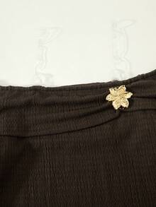 少女羅紋露肩荷葉邊蝴蝶結不對稱下擺長袖修身甜美T恤與女款休閒度假花卉印花長洋裝2件套，粉色，適合派對、開學季、優雅法式、公主風、婚禮、生日 - 棕色 - 查看 3