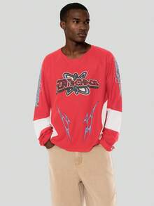 FORM&CHAOS Men's Red Patchwork Print Contrast Color Streetwear T-Shirt - Red and White - View 3