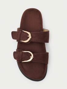 Nöista Modern Double Strap Sandals, Soft Brown Suede Effect, With Oversized Gold Buckle And Cushioned Insole - Coffee Brown - View 4