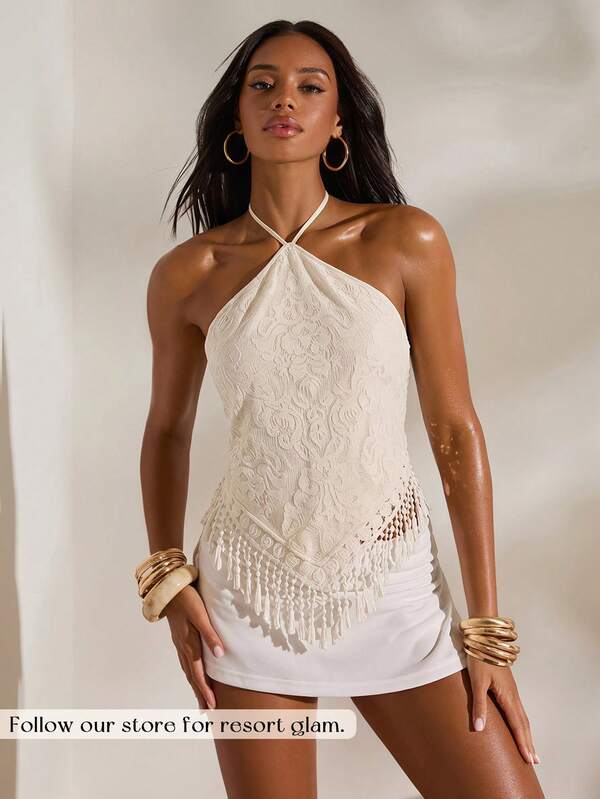Opulessa Women's Solid Color Knit Halter Neck Top For Vacation