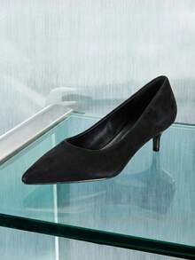 SHUZIA Women Classic Elegant Pointy Toe Kitten Heel Faux Suede Pumps - Black - View 3