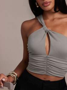Hauture Women's Sexy Elegant One Shoulder Ruched Cut Out Cropped Sleeveless Top, Perfect For Summer Vacation, Traveling, Daily Casual Wear, Gray - Grey - View 4