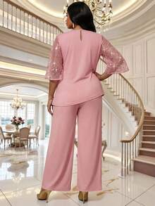 SHEIN Lady Plus Size Elegant Party Sequin Mesh Patchwork Top & Pants 2 Pieces Set - Baby Pink - View 2