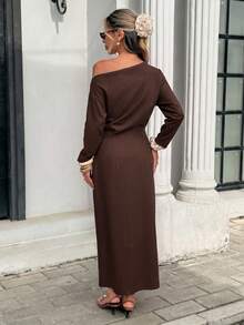 SHEIN Frenchy Women's Casual Commute Solid Color Asymmetric Collar Wrap Dress - Brown - View 5