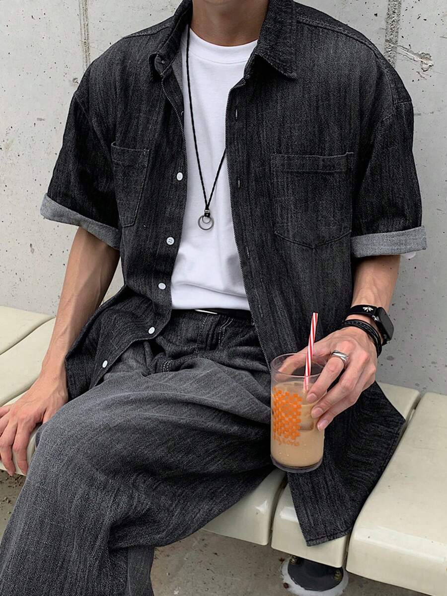 DAZY 男士單排扣休閒百搭日常出遊襯衫 - 黑色 - 查看 1