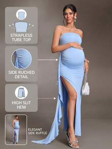Cheriluna Maternity Maternity Solid Color Ruffle Trim Casual Party & Travel Strapless Dress - Blue - View 10