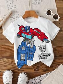 Transformers X SHEIN Young Boy Summer Casual Cartoon Print T-Shirt - White - View 1