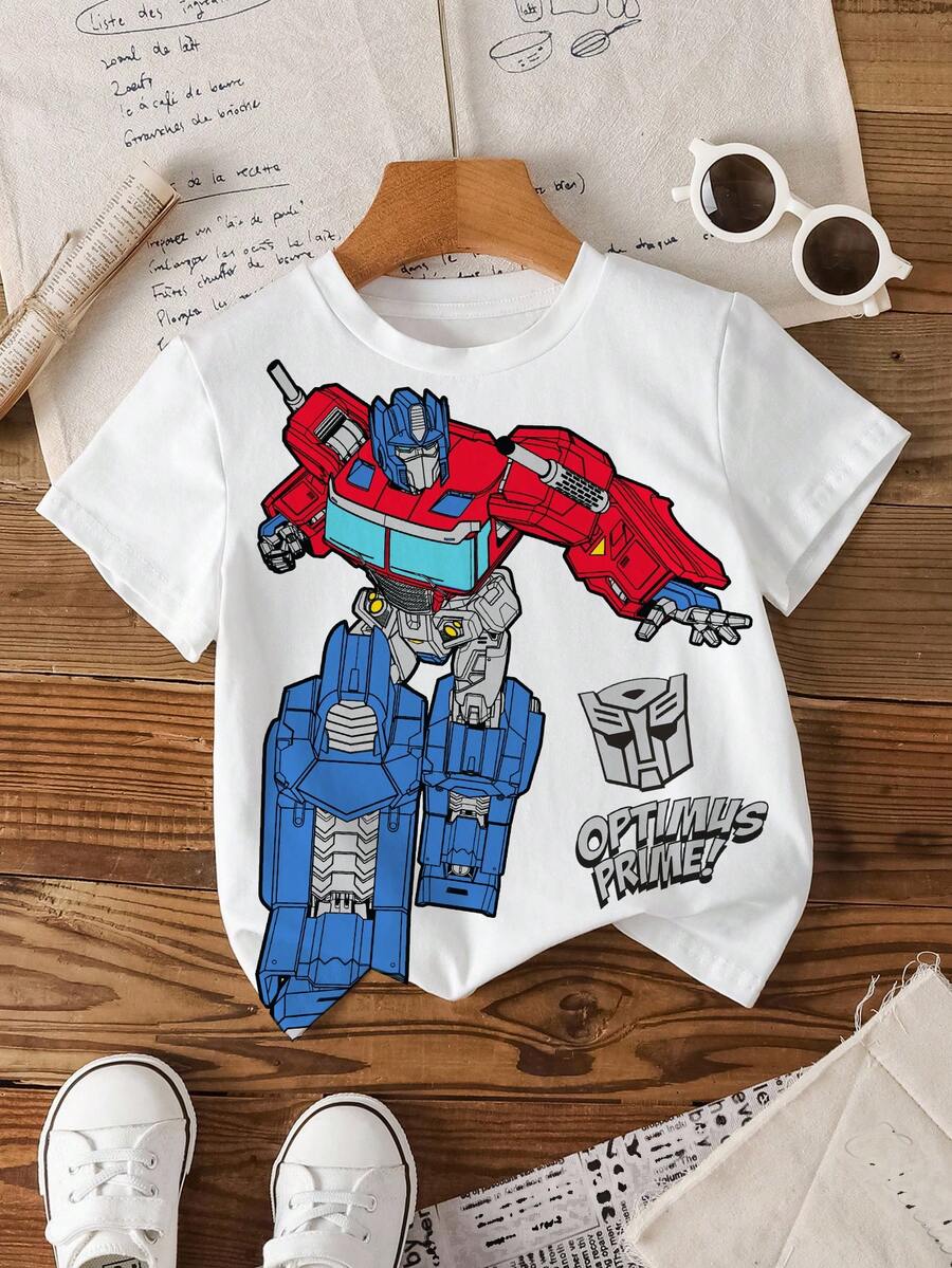 Transformers X SHEIN Young Boy Summer Casual Cartoon Print T-Shirt - White - View 1