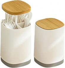 Retractable Pop Up Toothpick Holder With Bamboo Lid, Multi Compartment Toothpick Dispenser Storage Organizer, Portable Auto Toothpick Case Container For Kitchen Countertop Dining Table, Grey & White - View 2