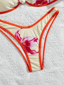 Swim Vcay 2件組新款定位印花米色花卉可拆卸肩帶性感熱帶優雅度假比基尼套裝，適合海灘派對、泳池、夏季 - 彩色 - 查看 4