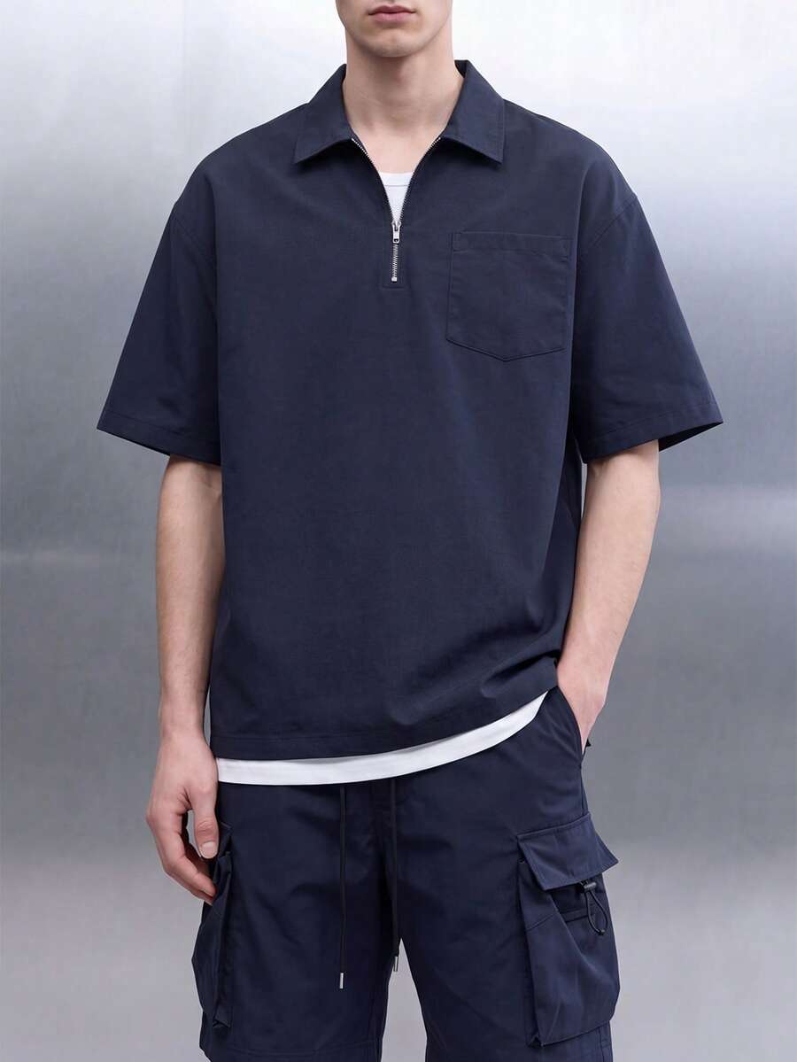 QuarKem 男士纯色简约日常短袖T恤短裤套装,男士夏季两件套,男士休闲两件套,舒适装 - 藏蓝色 - 查看 1