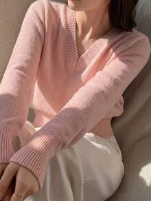 DAZY Women's Solid Color Fitted Short Long Sleeve V-Neck Casual Vacation Spring/Autumn Pullover Knit Sweater - Pink - View 1