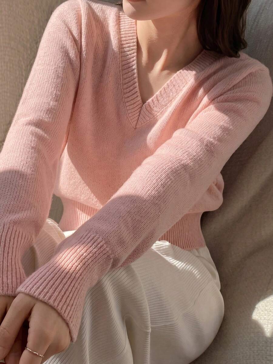 DAZY Women's Solid Color Fitted Short Long Sleeve V-Neck Casual Vacation Spring/Autumn Pullover Knit Sweater - Pink - View 1