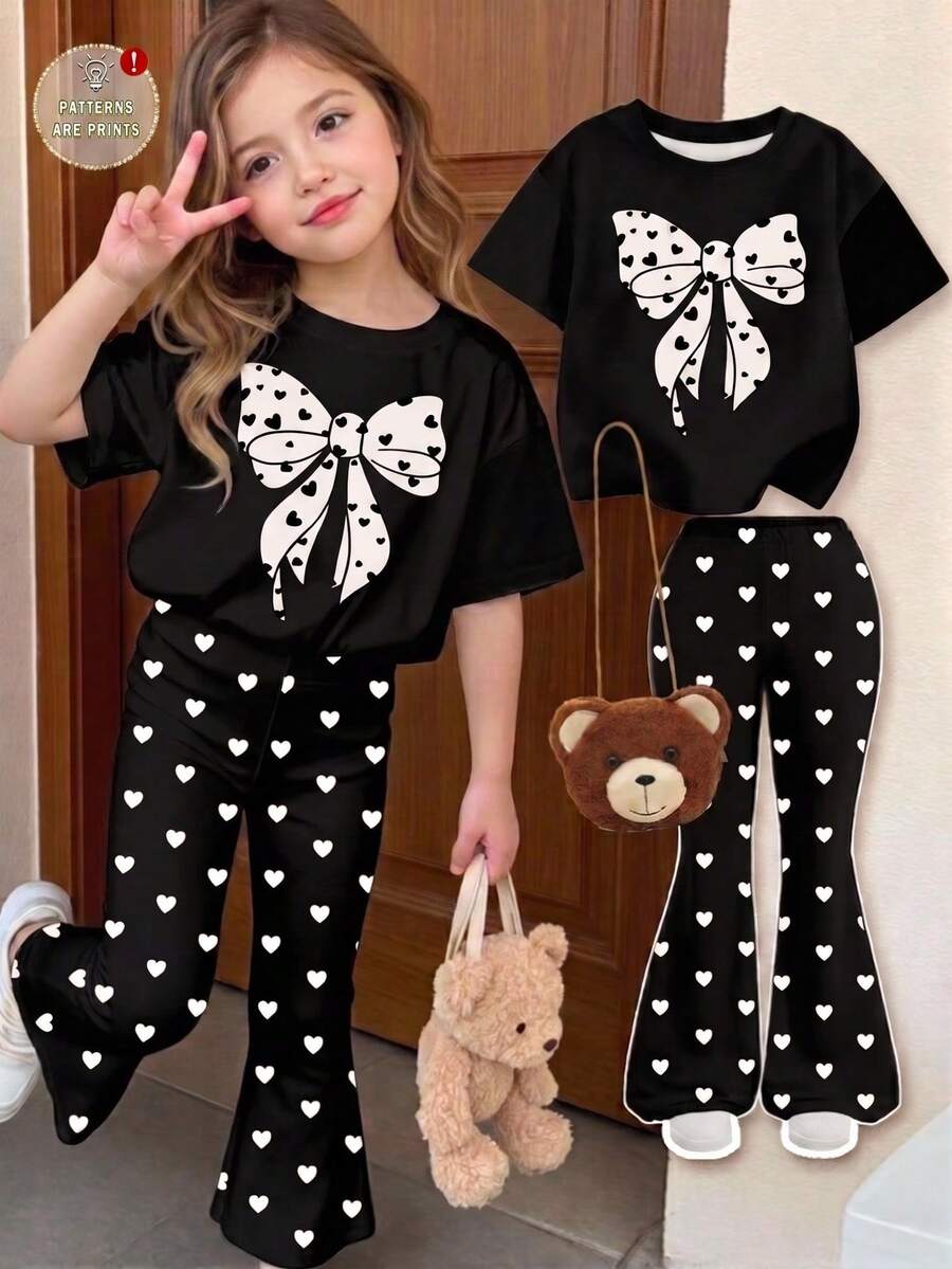2pcs/Set Girls Summer Birthday Mini Bow Print Short Sleeve Round Neck Top + Flared Pants, Cute Korean Style Casual Outfit